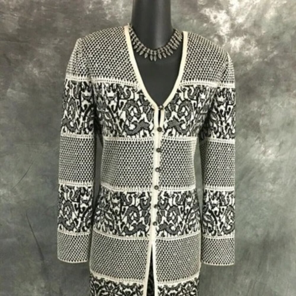 ST JOHN EVENING knit black white rhinestones paillettes skirt suit size 4